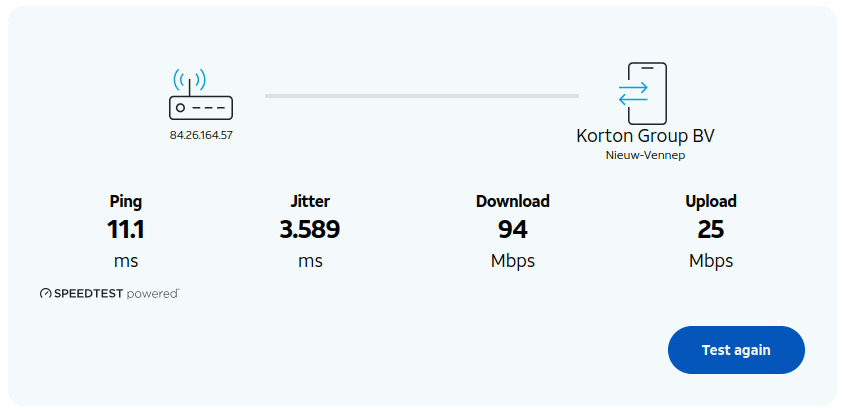 The AT&T speed test when completed shows Ping, Jitter, Download and Upload