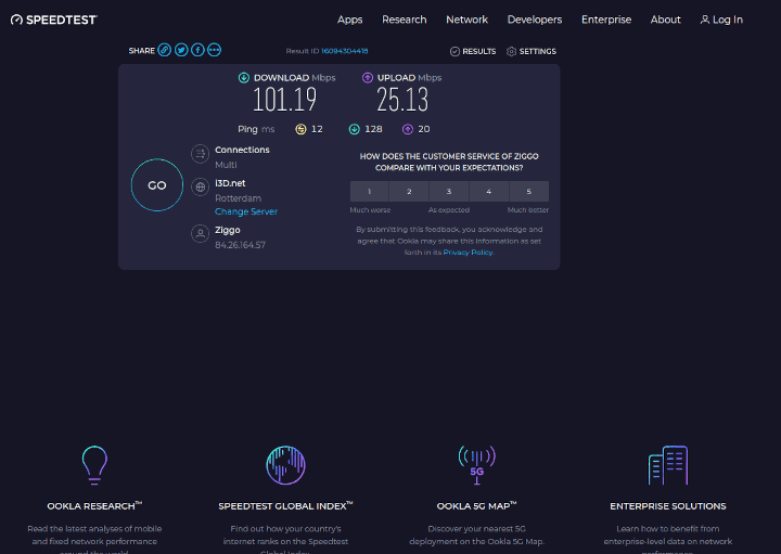 Animated image that shows the results of clicking the backbutton after running 6 times an Ookla speed test