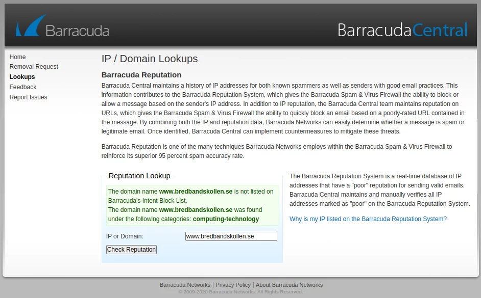 Barracuda Central: The domain name www.bredbandskollen.se is not listed on Barracuda's Intent Block List