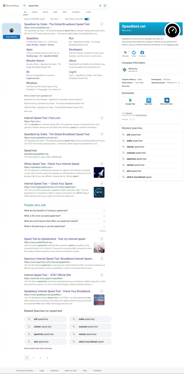 Bing's result page when searching for speed test (January 30)