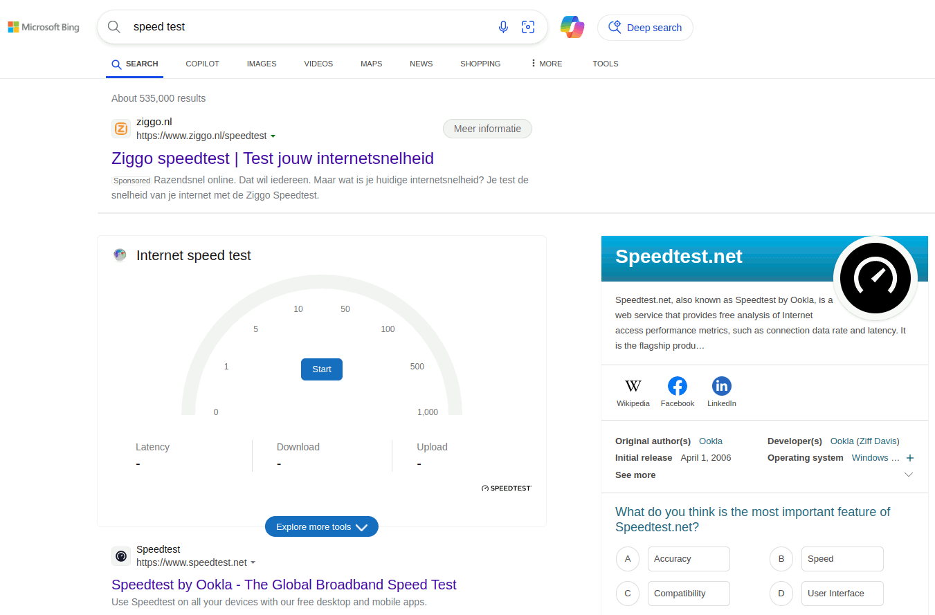 Bing's Internet speed test is visible at Bing's result page when you search for 'speed test'