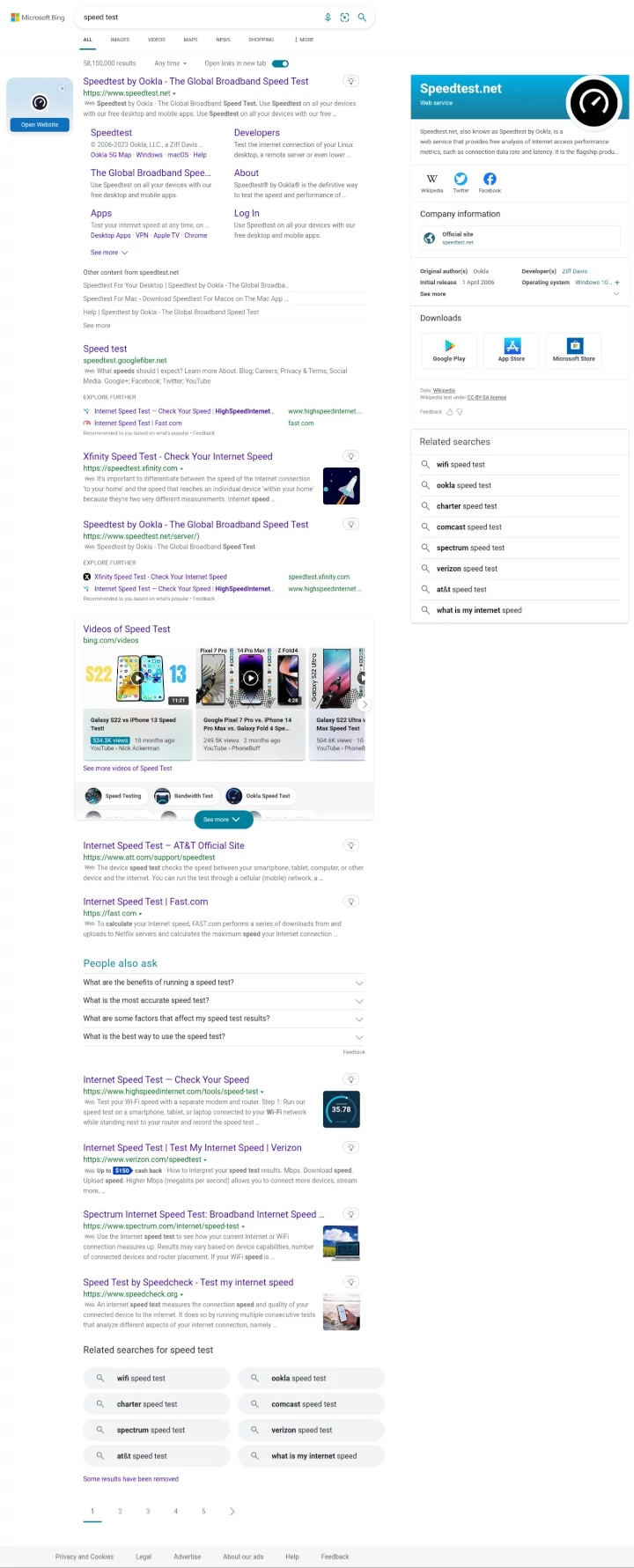 Bing's result page when searching for speed test (january 10)