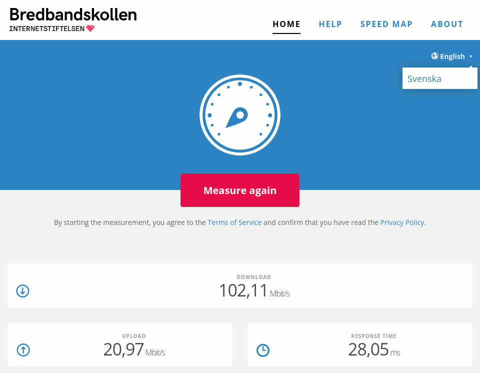 The result page of the Bredbandskollen speed test