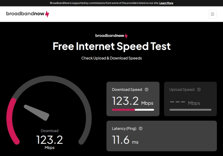 The BroadbandNow speed test while running