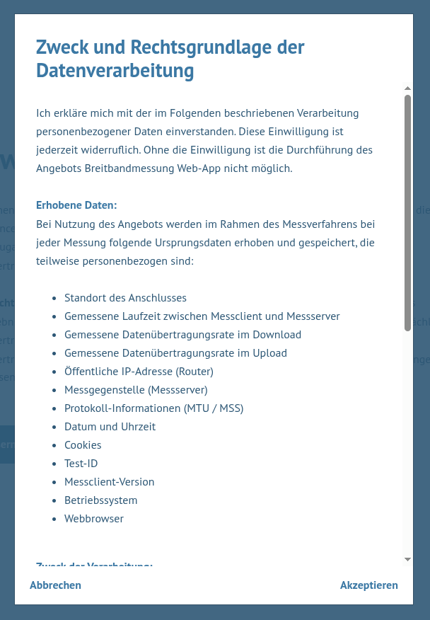 The Breitbandmessung speed test requires that you accept the Zweck und Rechtsgrundlage der Datenverarbeitung