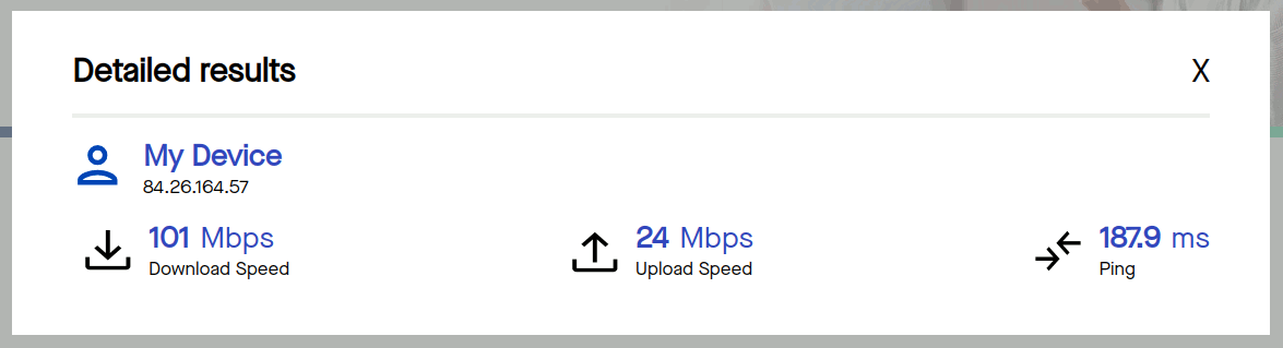 The CenturyLink speed test shows some details (ping time and client's IP address) in an overlay window