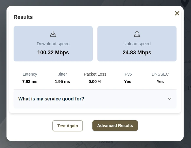 The result page of CIRA's Internet Performance Test shows: download speed, upload speed, latency, jitter, packet loss and an indicator if IPv6 is used