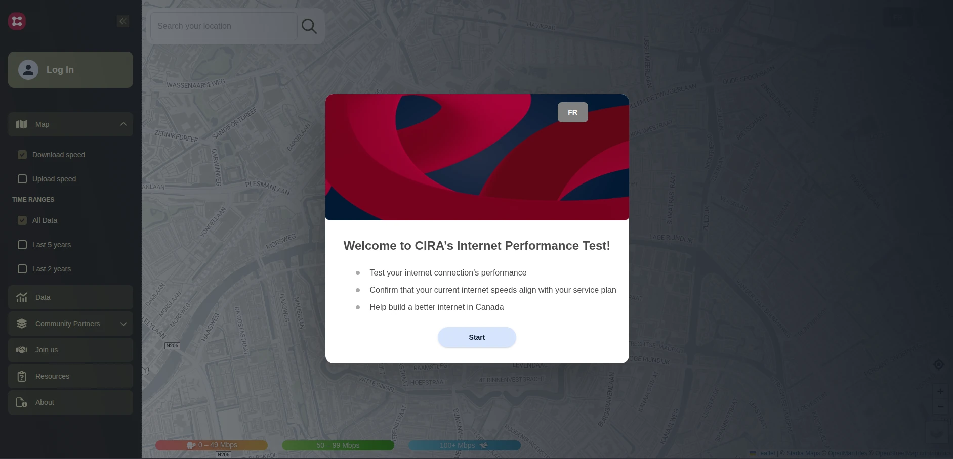 The welcome screen of CIRA's Internet Performance Test with as background the map of your supposed location shown in grayscale