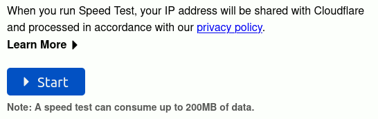 Cloudflare's information banner with the note: A speed test can consume up to 200MB of data