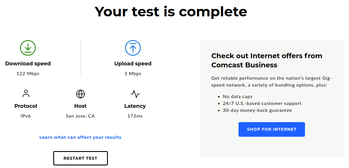 The result page of the Comcast Business Internet Speed Test when measuring 122 Mbps