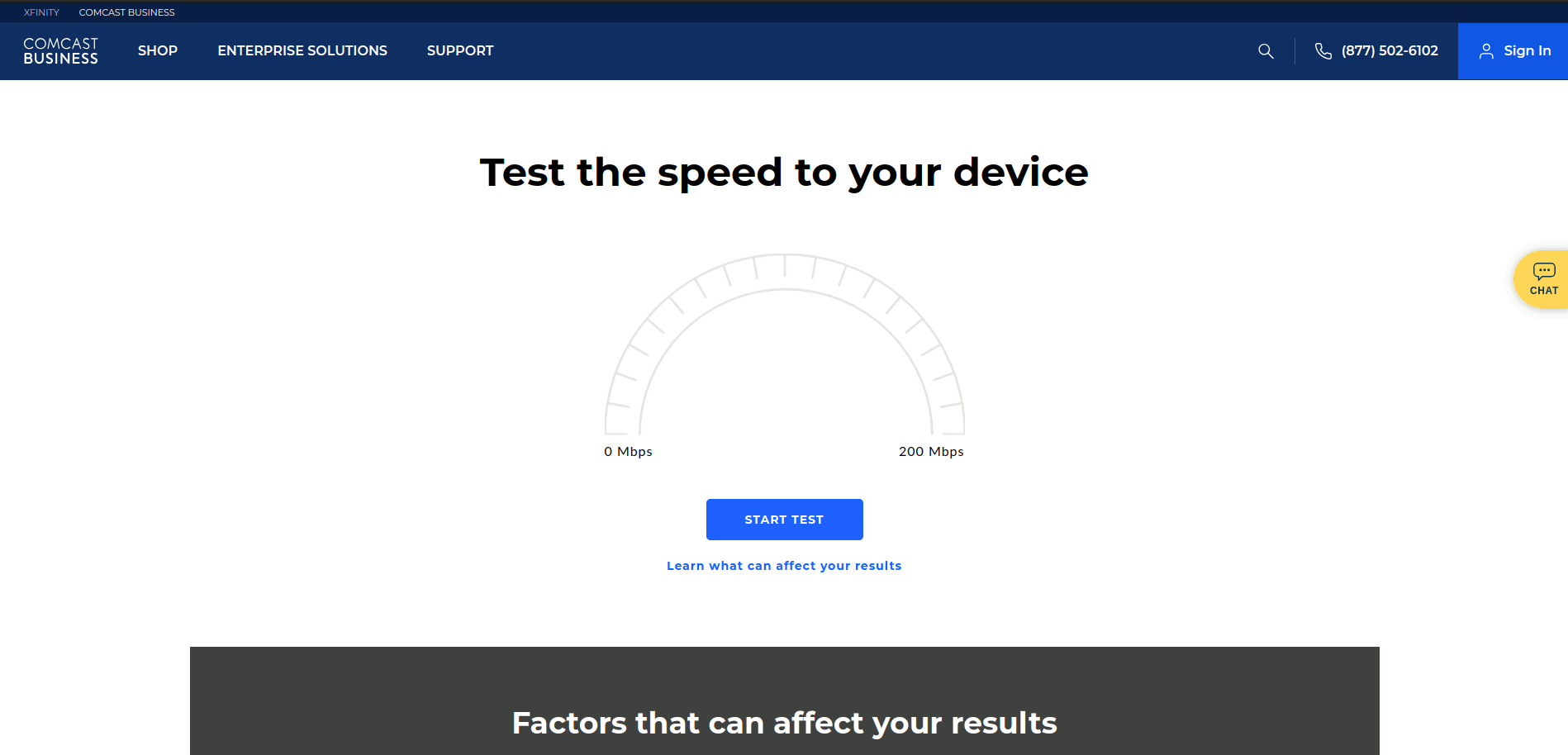 The home page of the Comcast Business Internet Speed Test