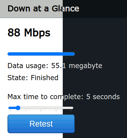 The Down at a Glance speed test in light and dark mode