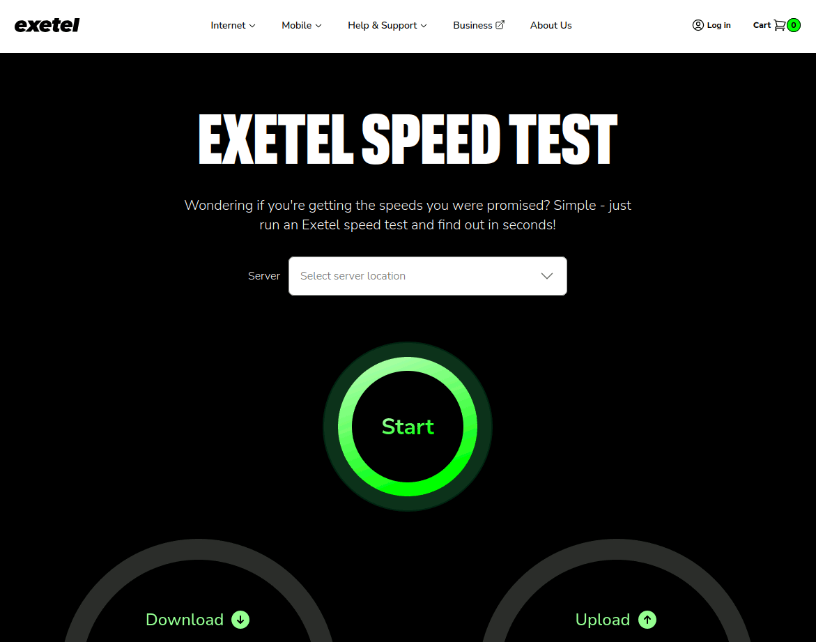 The Exetel speed test has a prominent start button. However, the speed test only starts after you have entered a location