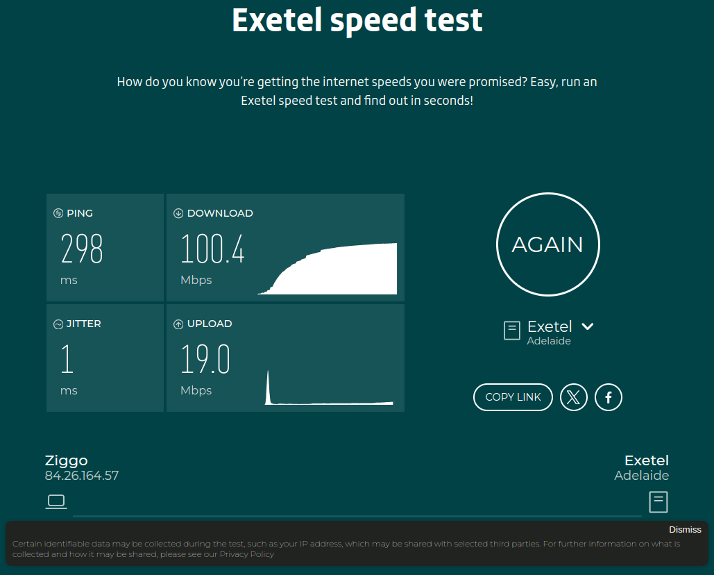 The Exetel speed test has a typical green background