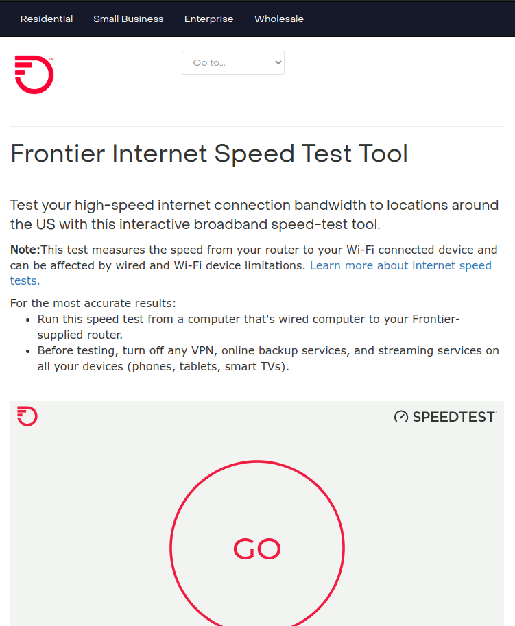 The Frontier Internet Speed Test Tool homepage