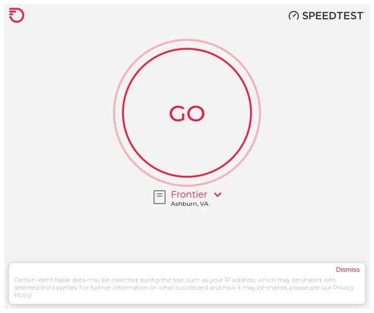 The Frontier Internet Speed Test Tool shows Ookla's (?) standard unusable privacy pop-up