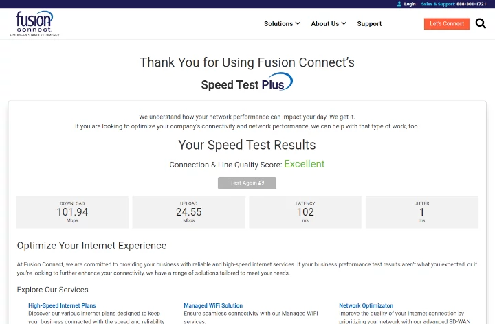 The Fusion Connect speed test plus result page