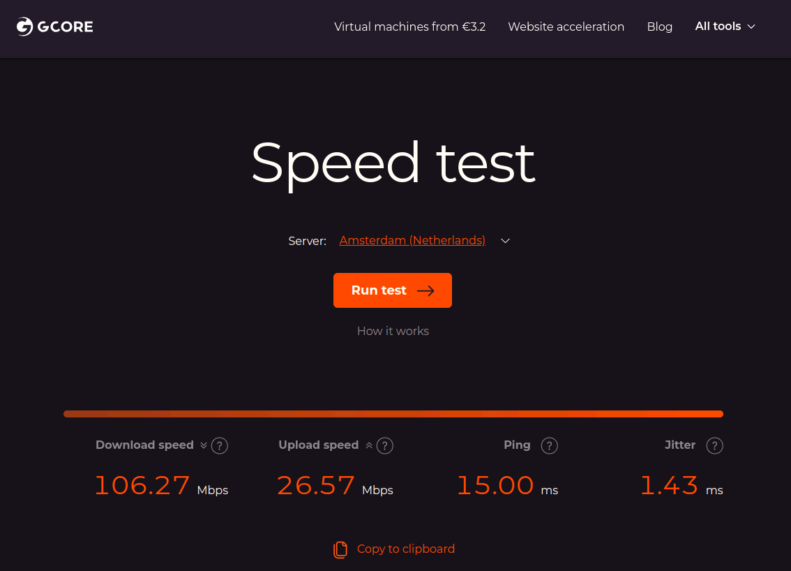 The Gcore Speed test result page