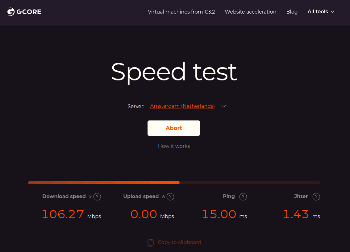 The Gcore Speed test while running