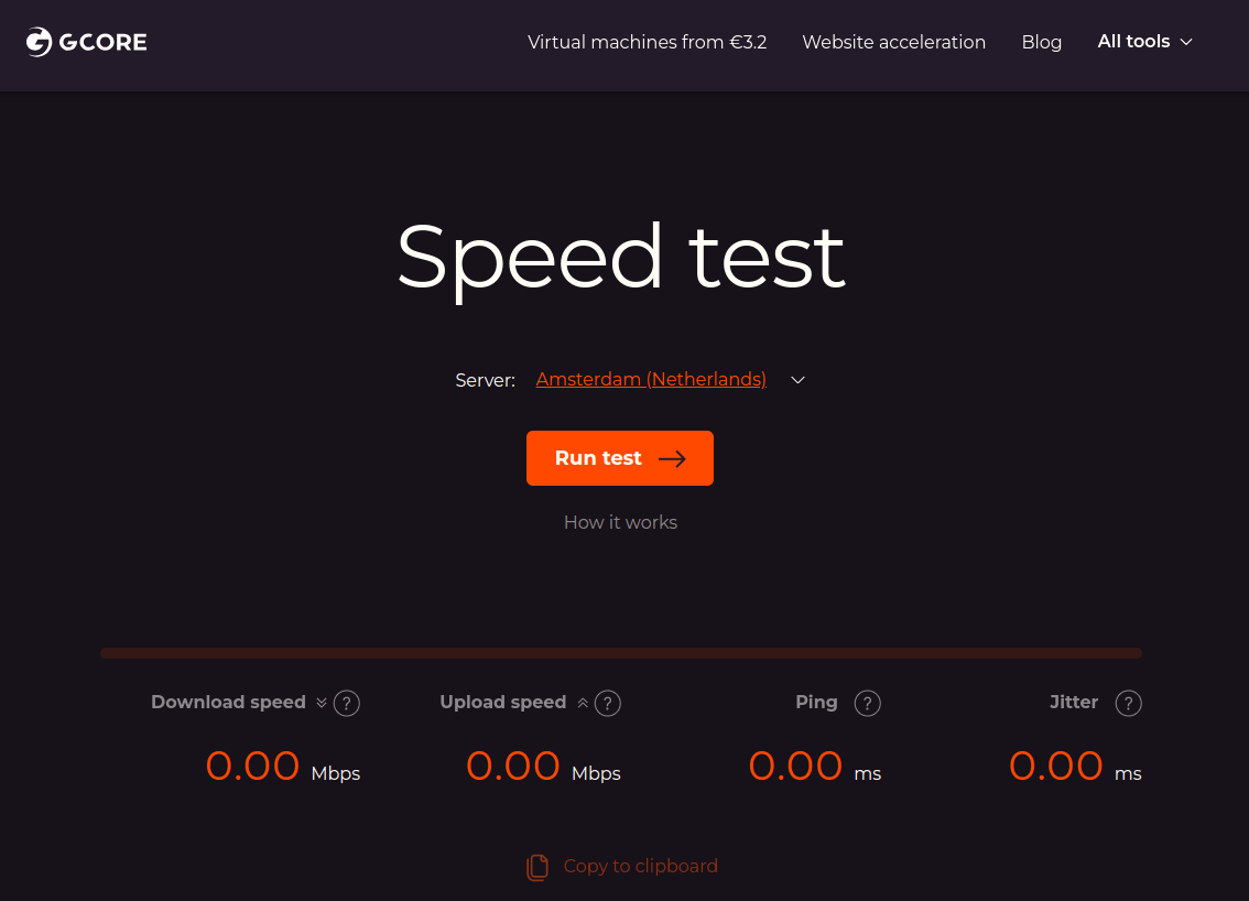 The homepage of the Gcore Speed test