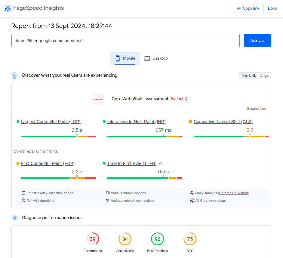 According to PageSpeed Insights the mobile performance is 39 (out of 100)