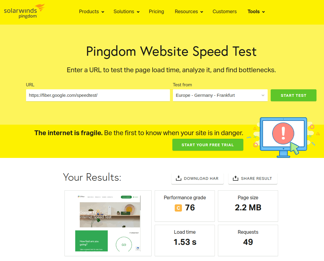 Pingdom Tools states that the page size of this speed test is 2.2 MB