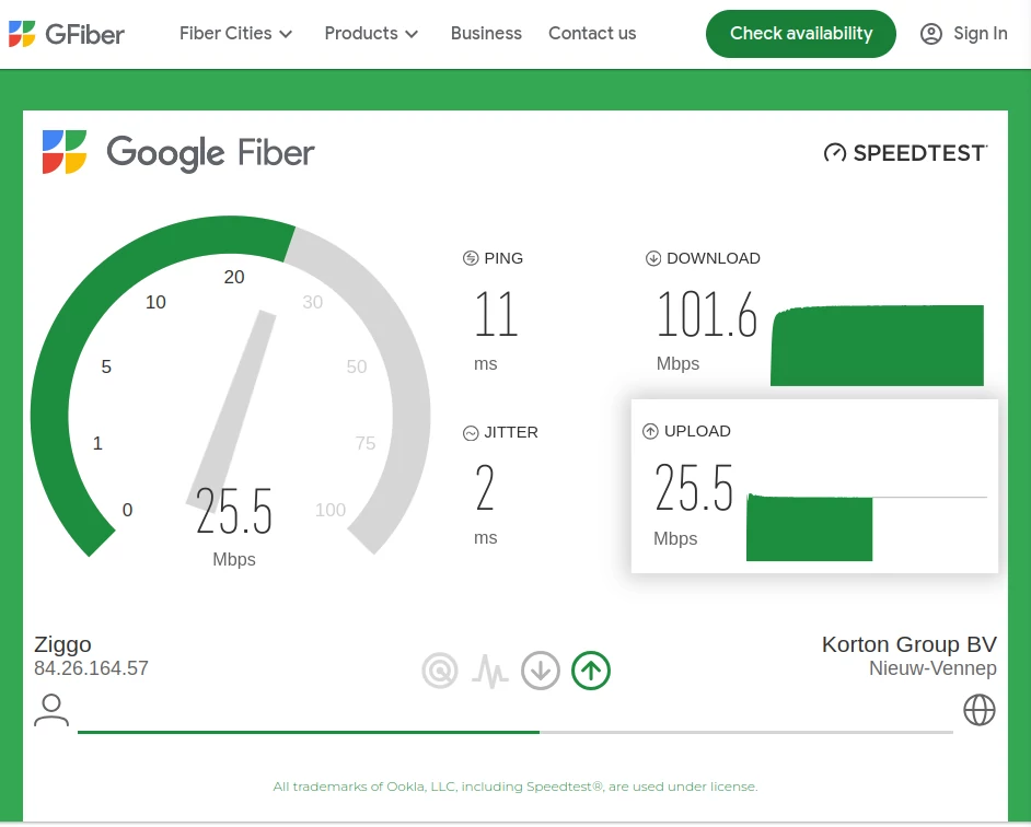 The Google Fiber (Ookla) speed test is a green on white Ookla speedtest