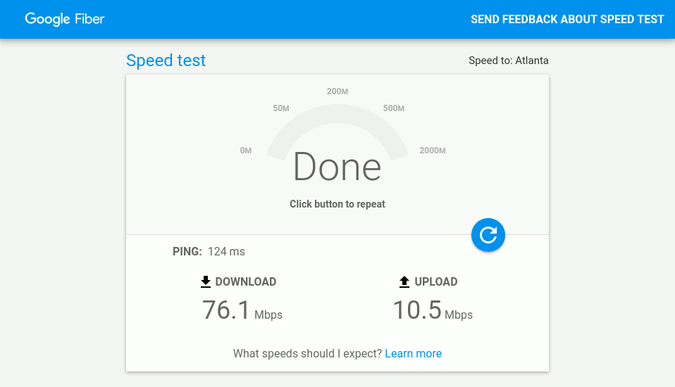 The result page of Google Fiber's speed test