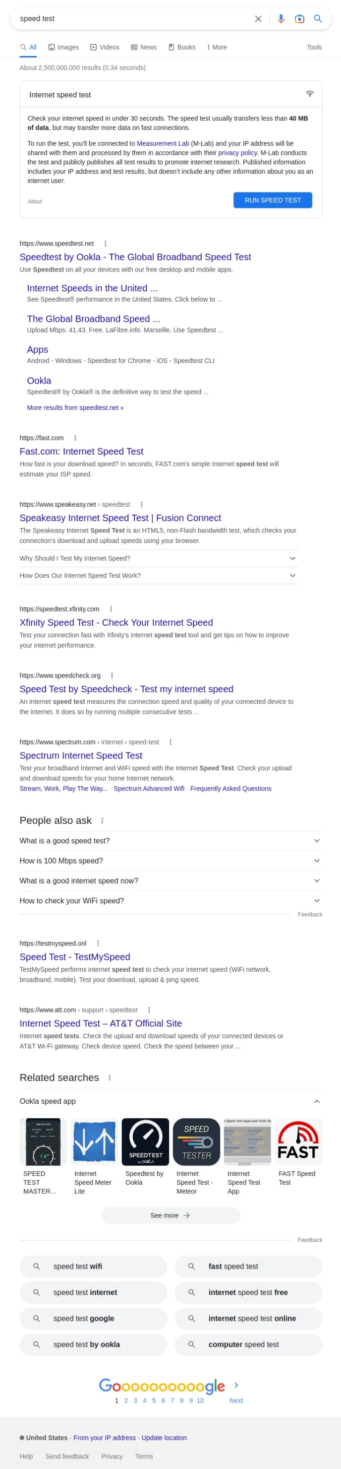 Google's result page when searching for speed test (January 30)