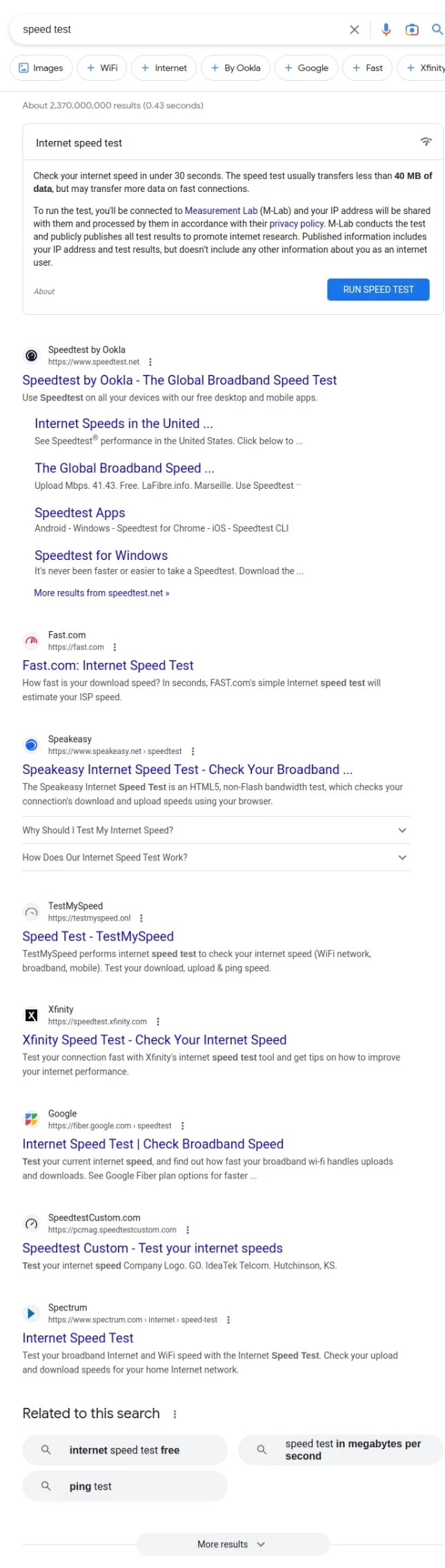 Google's result page when searching for speed test (March 27)