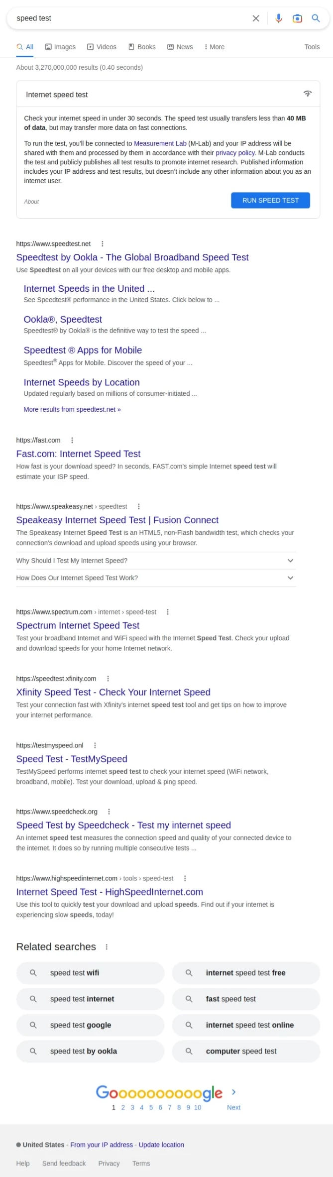 Google's result page when searching for speed test (January 10)