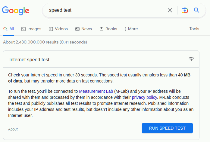 Google's first result when you Google for 'speed test'