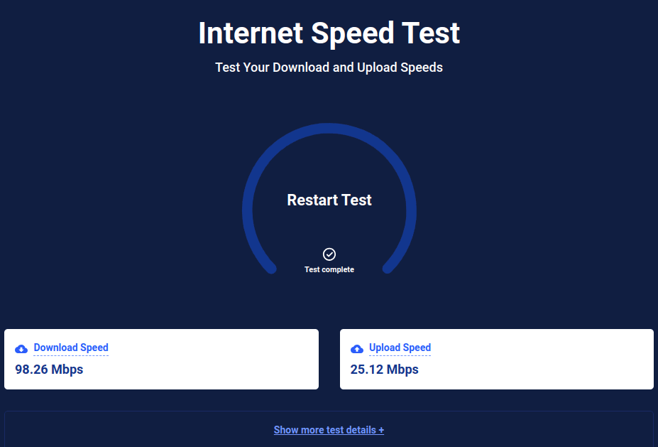 The HighSpeedInternet speed test shows when finished always a 2% (?) lower value (98.26 Mbps)