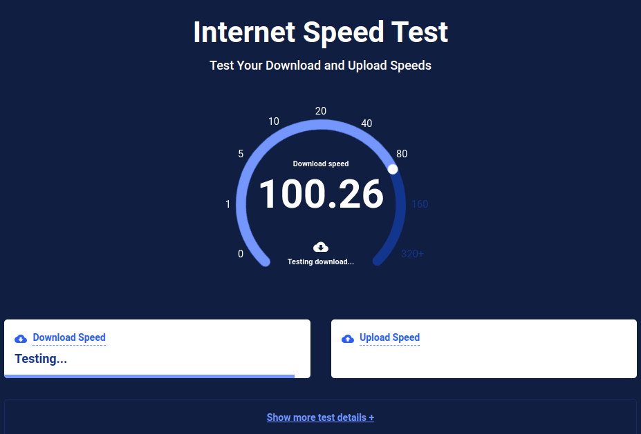 The HighSpeedInternet speed test shows during the test an almost correct value (100.26 Mbps)