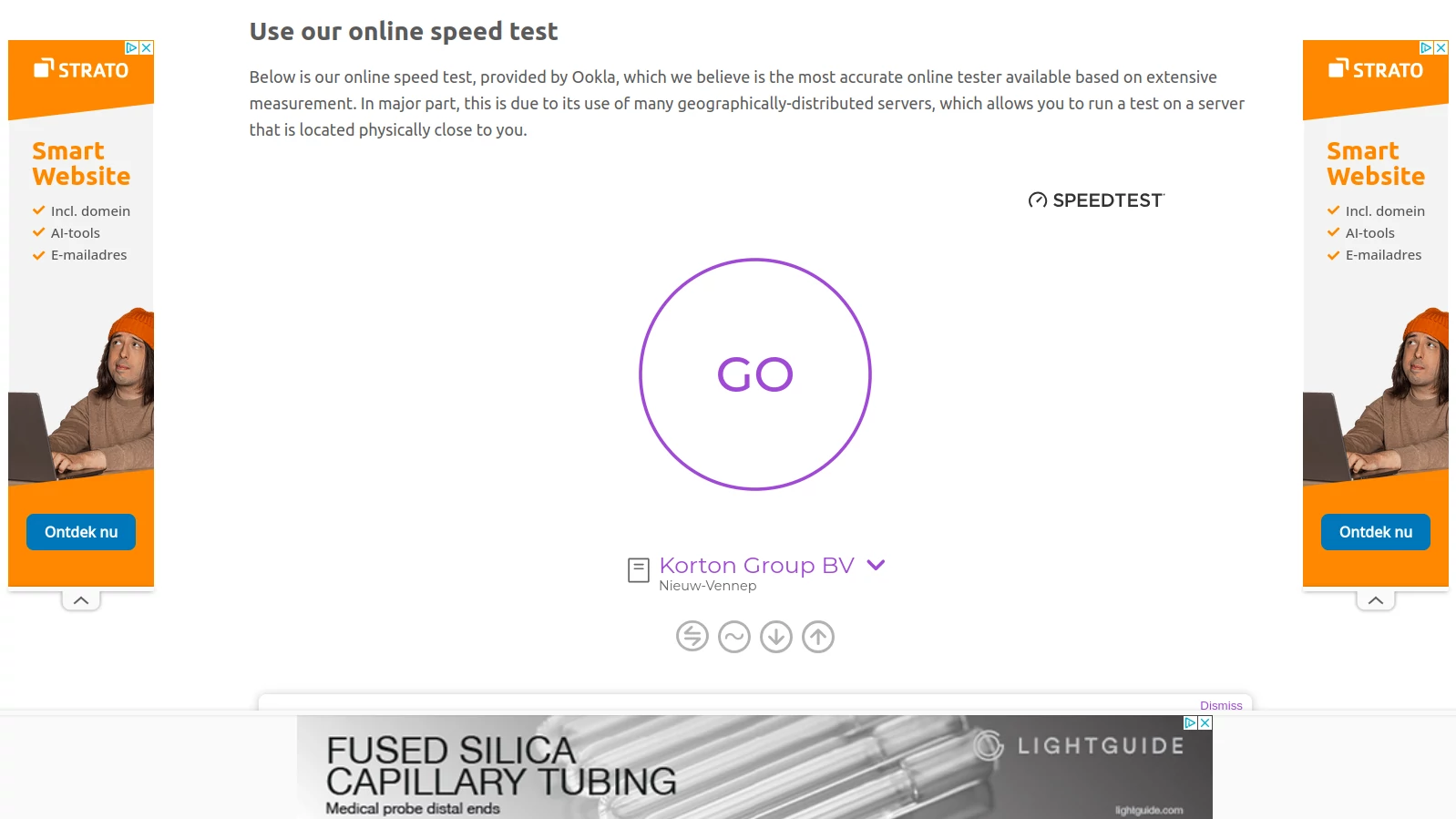 The Increase Broadband Speed speed test hides a standard Ookla clone below the fold