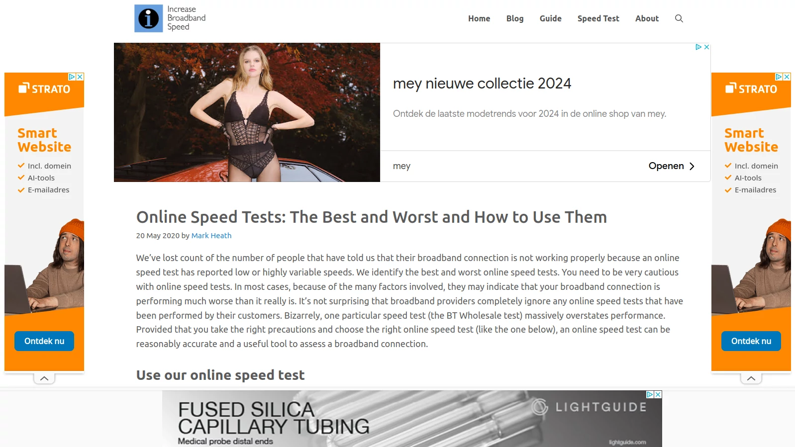 The homepage of the Increase Broadband Speed speed test contains a lot of ads