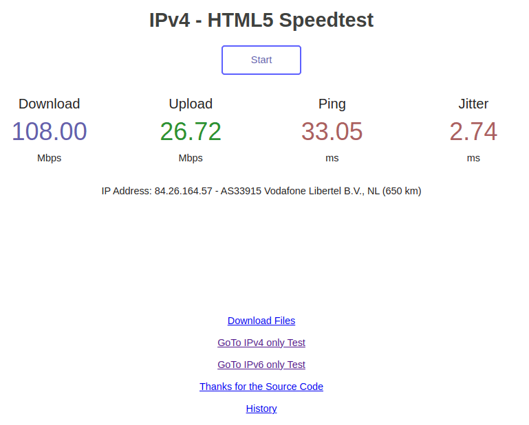 The result page of the IPv4 - HTML5 Speedtest