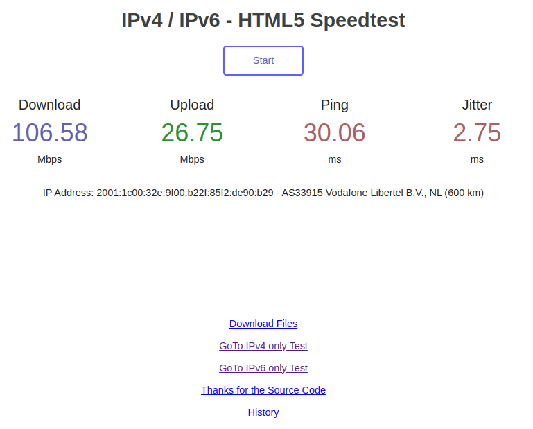 The result page of the IPv4 / IPv6 - HTML5 Speedtest