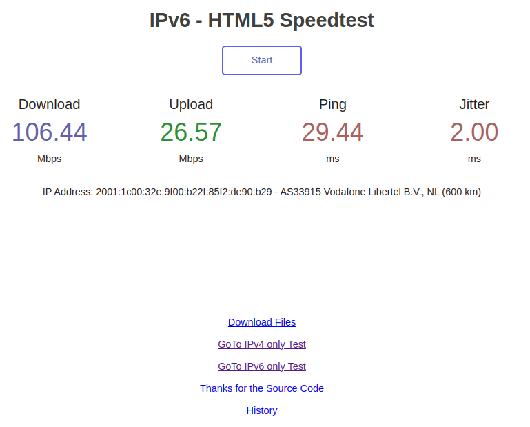 The result page of the IPv6 - HTML5 Speedtest