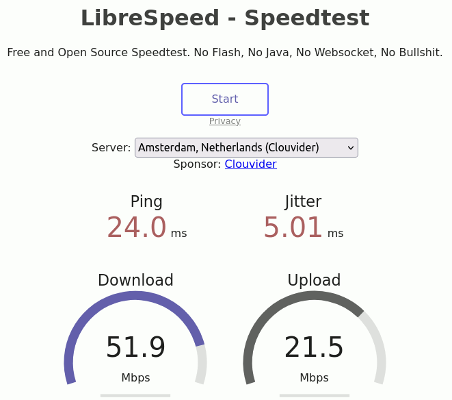The result page of the LibreSpeed speed test