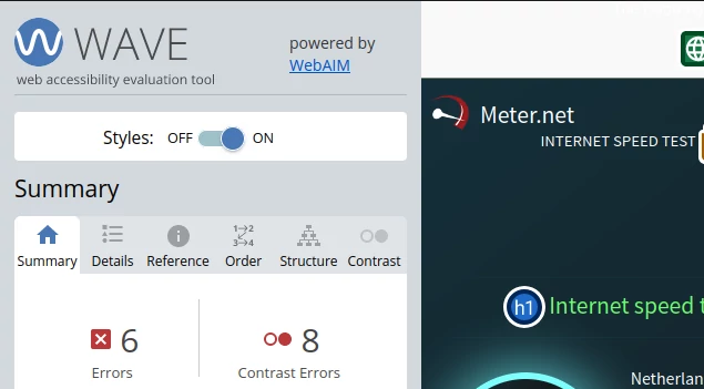 WAVE detected 3 contrast errors for Meter.net (Dark mode)