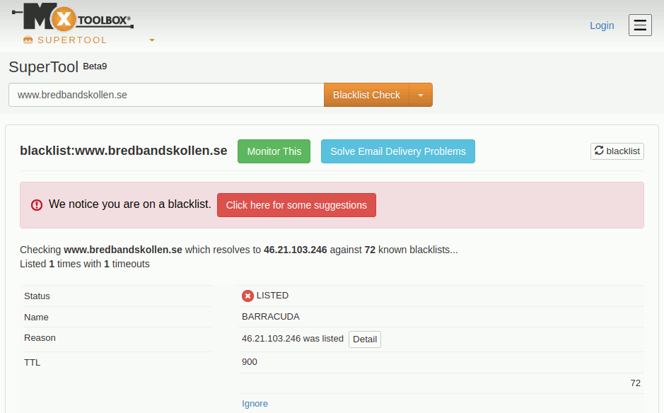 The MX Toolbox blacklist checker concludes that Bredbandskollen is listed at the BARRACUDA blacklist