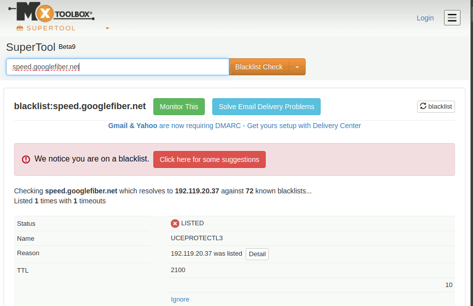 The MX Toolbox blacklist checker concludes that Google Fiber is listed at the UCEPROTECTL3 blacklist
