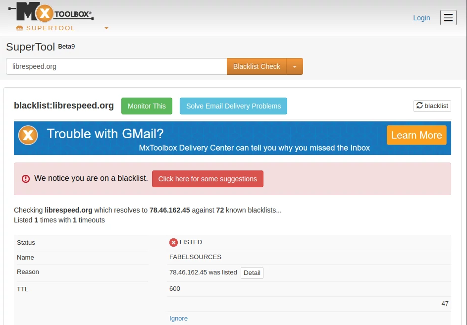 The MX Toolbox blacklist checker concludes that LibreSpeed is listed at the FABELSOURCES blacklist