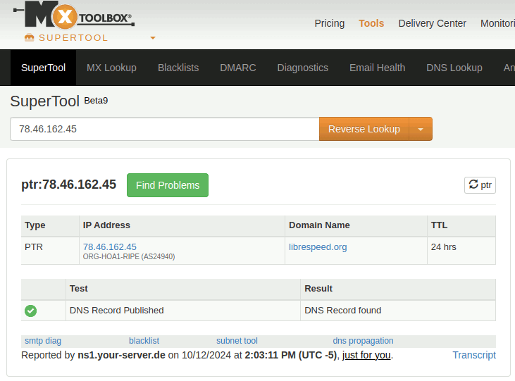 The reverse lookup with MX Toolbox gives librespeed.org as result