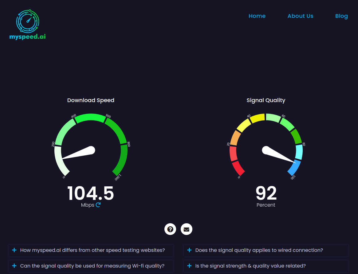 The myspeed.ai speed test uses a gauge to indicate your download speed in Mbps and a gauge to indicate your signal quality in percents