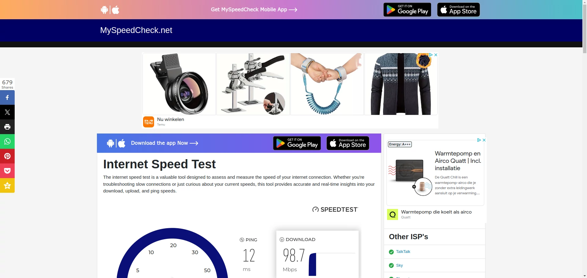 The MySpeedCheck.net speed test contains a lot of ads