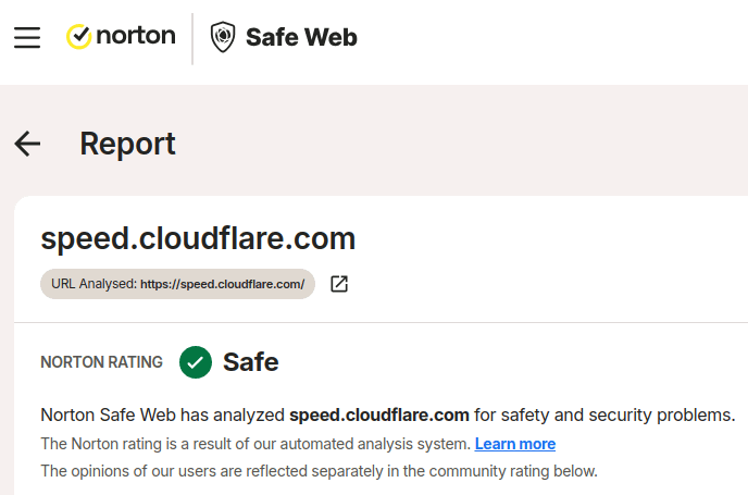 According to Norton's Safe Web, the Cloudflare speed test is Safe