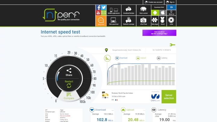 The nPerf speed as displayed in a browser in full screen mode