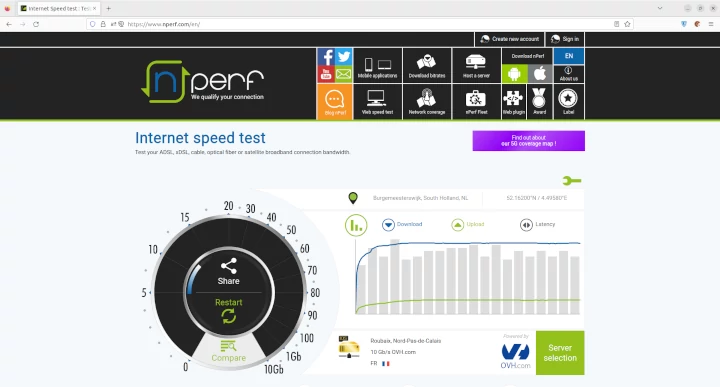 The nPerf speed test as displayed in a normal browser